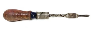 Vintage CRAFTSMAN Wood Handle Blue Band Spiral Push Ratchet Screwdriver w/ bit - Bild 1 von 4