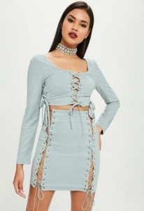 Missguided Womens Blue Carli Bybel Long Sleeve Lace Up Crop Top Size 4 - Picture 1 of 3