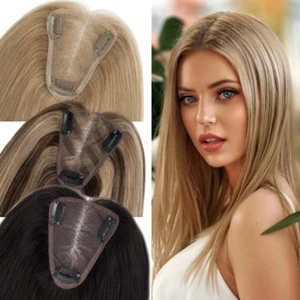 Free Part Women Topper 100% Human Hair Top Toupee Piece Clip in REMY Hairpiece W - Picture 1 of 27