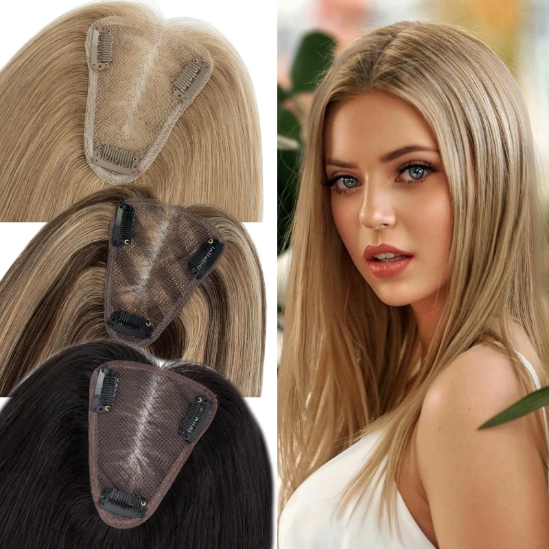 Parte grátis feminina topper 100% cabelo humano top peça toupee clipe em peça de cabelo REMY com - Imagem 1 de 4