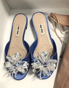MIU MIU Satin Flat Slides Beaded Flower Blue EU36 UK3 US6 UVP 590£ - Bild 1 von 10