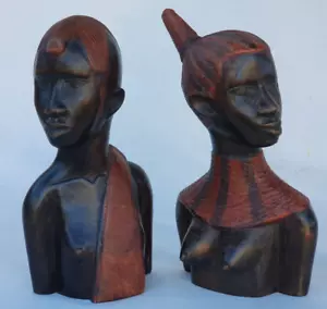 Coppia statuine busto testa africana in legno intagliato 9" vintage albero da collezione - Foto 1 di 16