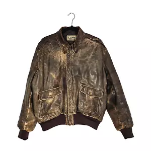 Vintage LL Bean Brown Bomber Jacket Mens 44 Leather Distressed Lined Made In USA - Picture 1 of 21