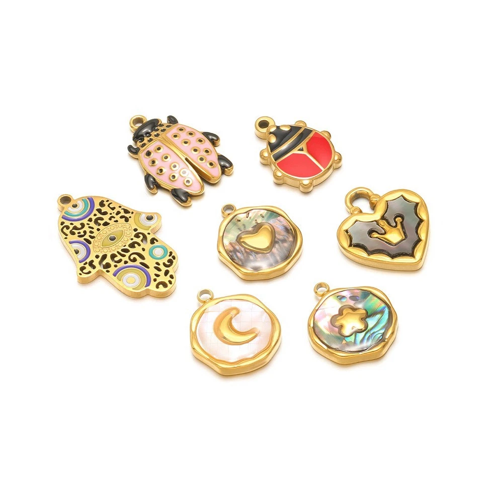 Colgantes redondos con encanto de acero inoxidable chapados en oro 5 piezas Foto 1 de 4