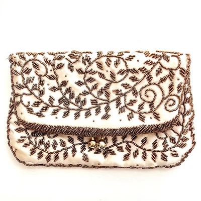 Vtg Hand Beaded Folding Clutch Purse Kiss lock Gold Satin Copper Vines Hong Kong - Image 1 of 4