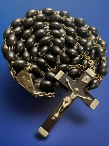 Vintage Catholic Black Cocoa Wood Rosary, Wood & Metal Crucifix - Picture 1 of 8