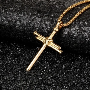 Men's Necklace Stainless Steel Nail Gold Cross Pendant Necklace Chain 24 inch - Picture 1 of 2