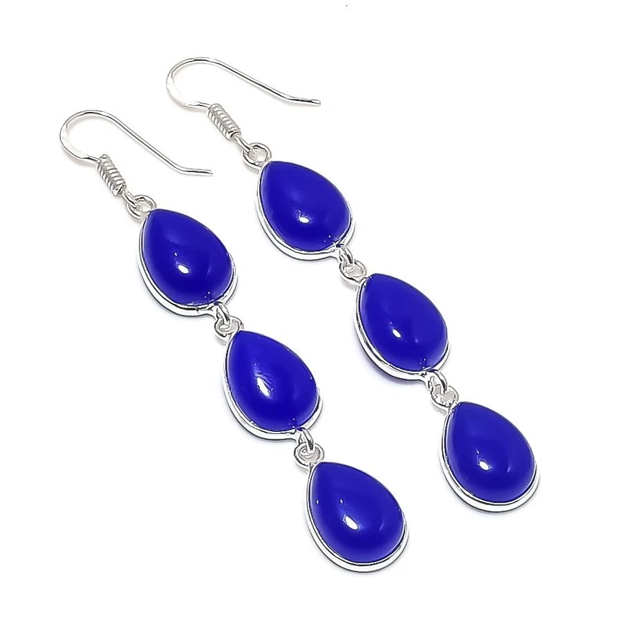 Blue Onyx  Gemstone Handmade 925 Sterling Silver Jewelry Earring Size 3" - Image 1 of 1