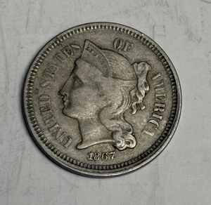 VG 1867 Three Cent Nickel, U.S. 3c Type Coin - Picture 1 of 2