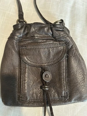Old Navy Brown Genuine Leather Crossbody Mini Bag 7"Sq  Front Pocket Tassel Boho - Image 1 of 4