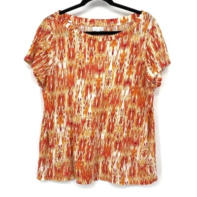 Camiseta J. Jill Love de lino manga corta para mujer talla L naranja rojo estampado Ikat *DEFECTUOSA Foto 1 de 4