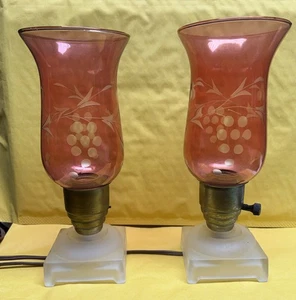 2 Antique/VTG Camphor Glass Base Etched Cranberry Glass Brass Holders - Picture 1 of 6