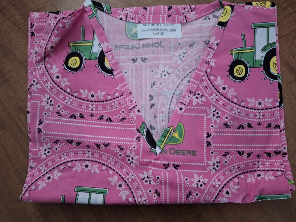 John Deere Pink Medical Scrub Shirt LARGE - Image 1 of 1