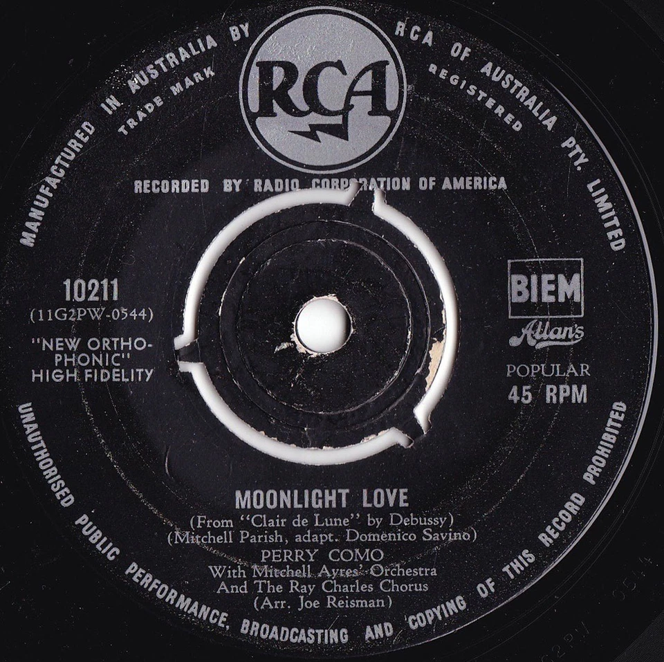 Perry Como ORIG OZ 45 Moonlight love VG+ ’56 RCA 10211 Vocal Pop - Image 1 of 1