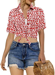 HAPPY BAY Women's Beach Hawaiian Party Shirt Tops Button Down Christmas Blouses - Picture 1 of 3