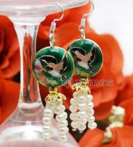 SALE 4-5mm White Round Natural Pearl & Dark Green Cloisonne Dangle earring-ea647 - Picture 1 of 4