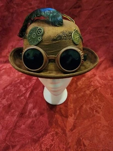 Steampunk Victorian Goggles Women Unique Party Costume Top Hat w/ Feather Brown - Picture 1 of 6