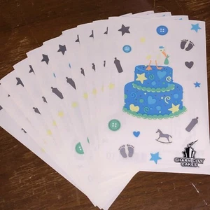 10 Mrs Grossmans Oh Boy Cake Stickers Baby Stork Bottle Footprints Toys Shower - Picture 1 of 6