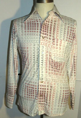 MEN'S VTG 1970s POLYESTER PENNEY'S GEOMETRIC PATTERN SHIRT! BIG COLLAR! S 34-36 - Image 1 of 4