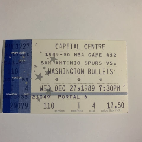 San Antonio Spurs  At Washington Bullets Game Ticket Stub Dec 27, 1989 Cover