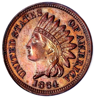 1864 Rare Date Indian Cent Lustrous Semi PL Lustrous Rainbow Toned - Image 1 of 4