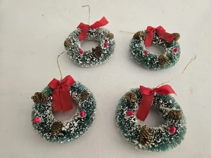 4 Vintage Miniature Bottle Brush Flocked Snow Wreath Christmas Ornaments 3" - Picture 1 of 7