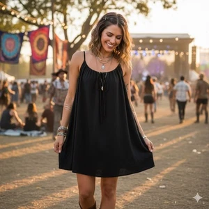 Yueniu Damen schwarz Tie Front Medium Minikleid Boho Festival Sommerkleid Leinen - Bild 1 von 12