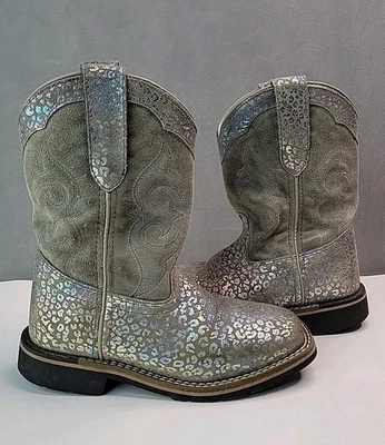 Botas Dan Post Niñas 13 D Shiva Gris Gamuza Metálico Estampado Leopardo Western, ¡LINDAS! Foto 1 de 4