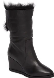 Taryn Rose Faux Fur Trim Boots Black Leather Wedge Heel Size 5.5 - Picture 1 of 14