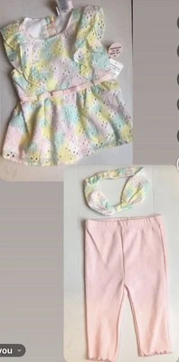 3 pc Set Little Lass SIZE 12M pastels eyelet legging capri set with Headband NEW - Image 1 of 4
