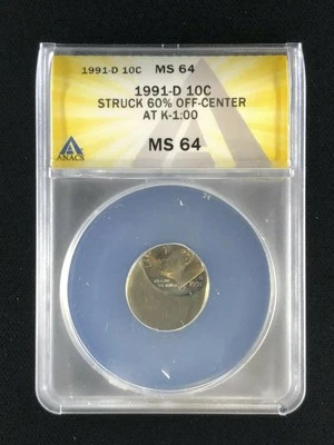 1991-D 10C Roosevelt Dime ANACS MS 64 | Error: Struck 60% Off-Center @ K-1:00 - Image 1 of 2