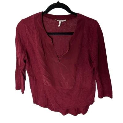 Sandro Blouse Top Women Sz 2 Burgundy 100% Linen Knit Split Neck Lagenlook - Image 1 of 4