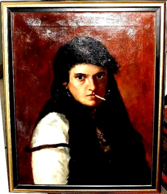 Zigeunerin mit Zigarette Frau Mädchen Schweiz 1900 signiert 54x67cm #143 - Bild 1 von 4