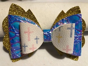 EASTER 3 LAYER FLOWER HAIR BOW, GOLD, HOLOGRAPHIC BLUE, WHITE, 4X2.5" HOMEMADE - Picture 1 of 3