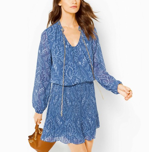 NUOVO MICHAEL KORS abito donna blu paisley chiffon catena scollo pieghe M $155