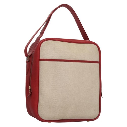 HERMÈS Borsa a mano HERMES Victoria quadrata rivestita tela pelle beige rosso oro Auth am7833