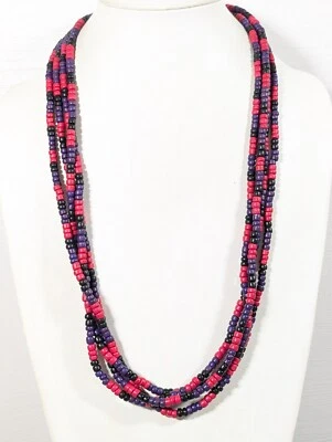 Tribal Boho Pink Purple Black Wood Bead Multi Strand Long Layer Necklace 28 in - Image 1 of 4