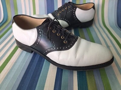 ZAPATOS DE GOLF VINTAGE HECHOS EN EE. UU. JOHNSTON & MURPHY ARISTOCRAFT NEGRO BLANCO ESPIGA 11 A Foto 1 de 4