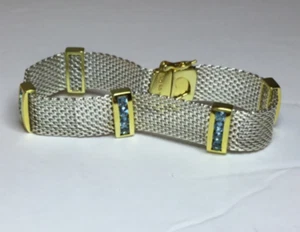 Bracciale Vintage Fossil Bicolore Argento Sterling con Topazio Blu Naturale Maglia - Foto 1 di 7