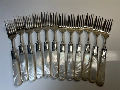 Antique Sterling Silver Fish Forks Mother of Pearl Handles Set Lot 12 Cover