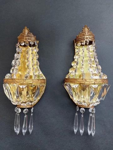 Vintage Antique Pair of French Empire Brass Crystal 1 Light Sconces Wall Lights Cover