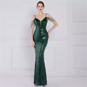 Lady Deep V Neck Evening Dress Sequin Elegant Bodycon Fishtail Formal Party Maxi - Picture 1 of 21