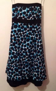 JOHN ROCHA BLACK TURQUOISE WHITE SPOT COTTON STRAPLESS SWISHY DRESS Size 12 USED - Picture 1 of 12