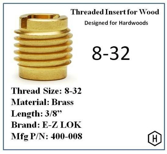 E-z Lok Threaded Insert Brass Knife Thread #8-32 Internal Threads Pkg of 25