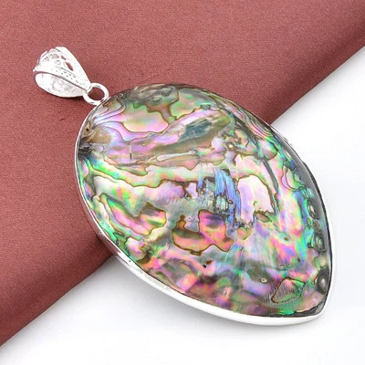 Gorgeous Huge Oval Cut Natural Abalone Shell Gemstone Silver Necklace Pendants  - Image 1 of 4