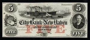 18xx $5 City Bank of New Haven, CT BEAUTIFUL GEM UNC Broken Bank Note! - Picture 1 of 2