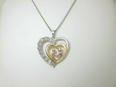 Diamond Mother Child Necklace Natural Rose Yellow Gold Sterling Silver 18" SN021 Foto 1 de 4