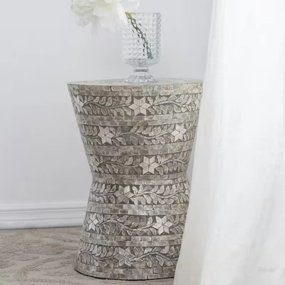 18.9 in. Cream Capiz Inlay Accents Wood Side Table Bar Stool - Image 1 of 4