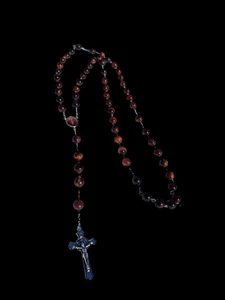 8 mm Tigerauge Glas Rosenkranz - Silber Kruzifix & Herz A1 - Bild 1 von 4