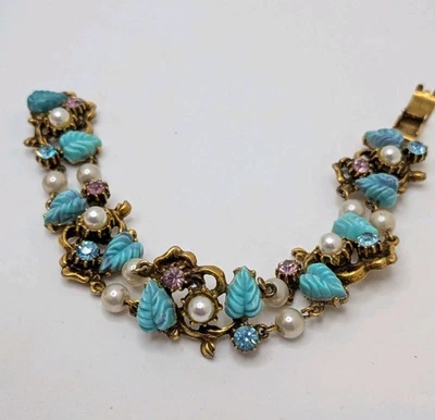复古 50 年代 Florenza 金色蓝色粉红色水钻蓝色叶子手链 7.3  — 第 1/4 张图片